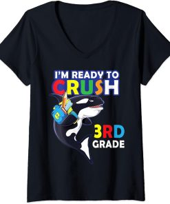 Womens Back To School I"m Ready To Crush 3rd Grade Orca Whale Shirt V-Neck T-Shirt