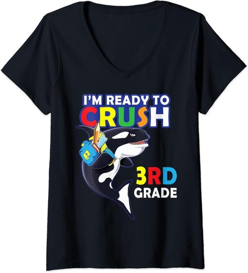 Womens Back To School I"m Ready To Crush 3rd Grade Orca Whale Shirt V-Neck T-Shirt