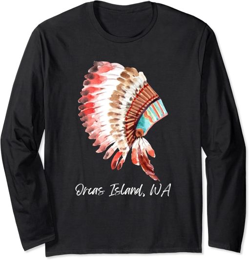 Orcas Island Washington Watercolor Native American Headdress Long Sleeve T-Shirt