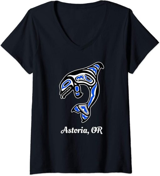 Womens Blue Native American Astoria OR Tribal Orca Killer Whale V-Neck T-Shirt