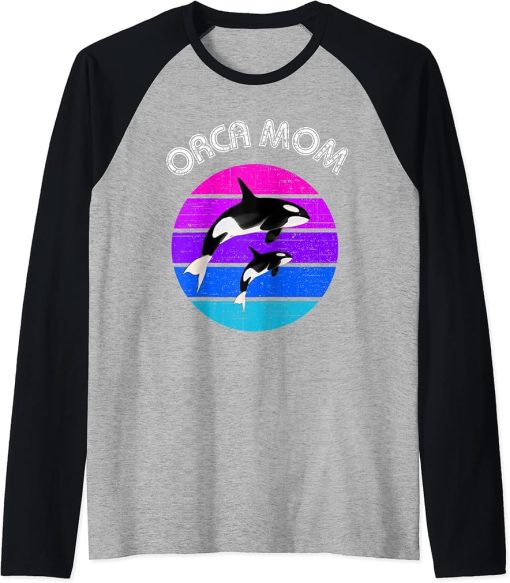 80s Orca Mom Retro Vintage Sunset Raglan Baseball Tee